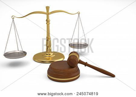 Ceremonial Mallet And Balance On White Background.3D Illustration.