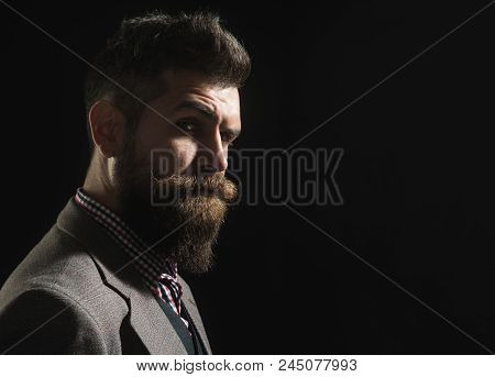 Advertising Barbershop Concept. Silhouette Of Serious Bearded Man In Vintage Style. Hipster Profile 