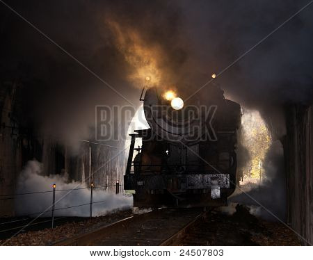 Locomotora de vapor entra en el túnel