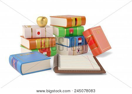 Notebook And Books Foreign Languages Learn And Translate Education Concept Books With Covers In Colo