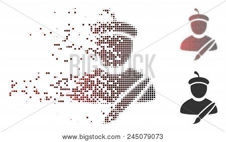 Vector Painter Icon In Dispersed, Pixelated Halftone And Undamaged Solid Variants. Disappearing Effe