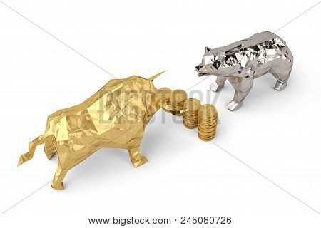 Golden Bull With Silver Bear And Coin Stacks On A White Background 3d Illustration.