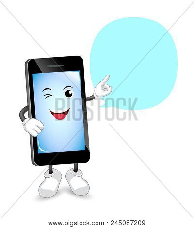Cut Cartoon Smart Phone Character With Speech Bubble. Communication Concept. Illustration Isolated O
