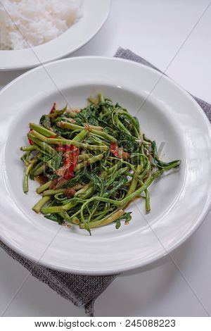 Fried Water Minosa White Plate Food Thai Style