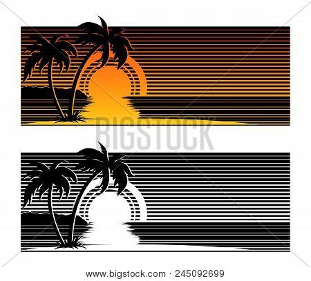 Summer Beach Sunset With Palm Trees Silhouettes. Tropical Sunset Landscape Stylized By Stripes.