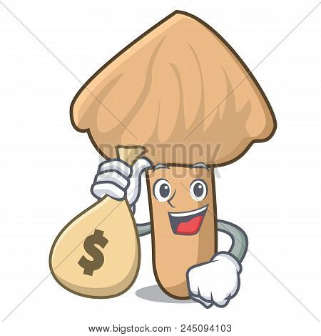 With Money Bag Inocybe Mushroom Character Cartoon Vector Illustration