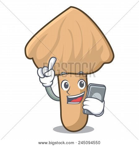 With Phone Inocybe Mushroom Character Cartoon Vector Illustration