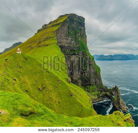 Shot Of Beautiful Panoramic Scene, Kalsoy Island and Kallur lighthouse, Faroe Islands