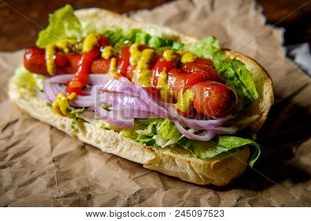 Fancy Grilled Hot Dog With Many Toppings