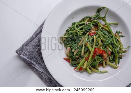 Fried Water Minosa White Plate Food Thai Style