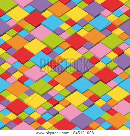 Colorful Isometric Seamless Pattern. Random Cubes Puzzle Vector Background.