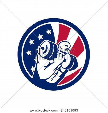 Icon Retro Style Illustration Of An American  Fitness Gym Circuit With Athlete Lifting Dumbbell And 