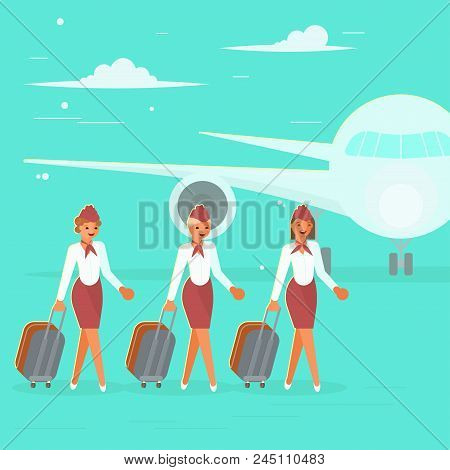 Stewardesses Characters With Suitcase. Beautiful Flight Attendants, Air Hostess Go To The Airplane B