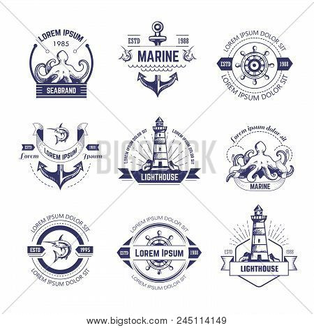 Sea Brand Promo Logotypes With Lighthouse And Marine Elements. Huge Octopus, Heavy Anchor, Wooden Ru