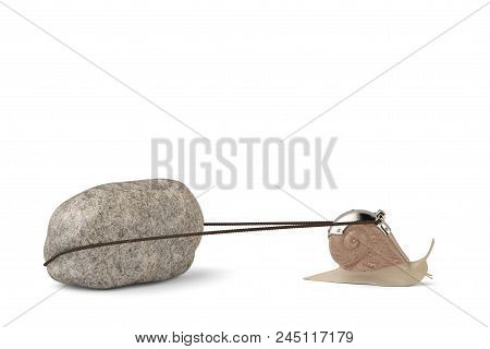 Creative Snail Pulling Stone Isolated On White Background 3d Illustration.