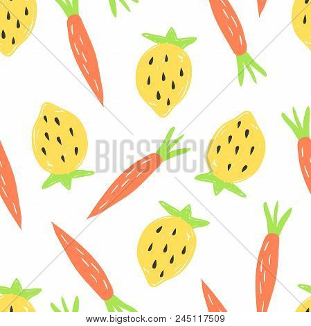 Hand Drawn Sketch Seamless Pattern With Carrots, Strawberries, Berries, Orange, Yellow, Red, Garden.