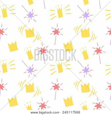 Hand Drawn Sketch Seamless Pattern With Magic Crown, Star, Magic Wand, Yellow, Gold. For Wallpapers,