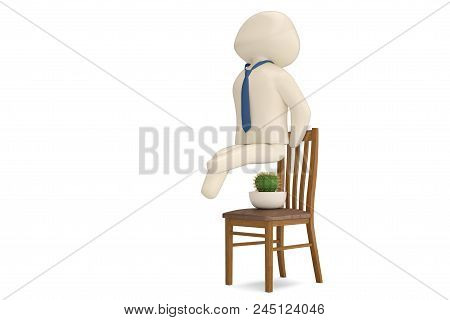 A Character Sitting On Cactus Plant Chiar.3D Illustration.