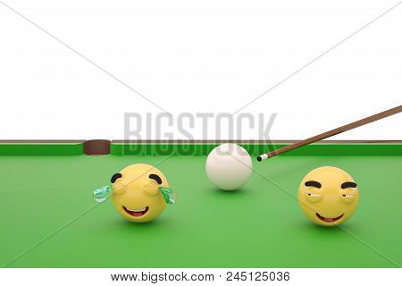 Funny Snooker With Emojis Balls 3D Illustration.