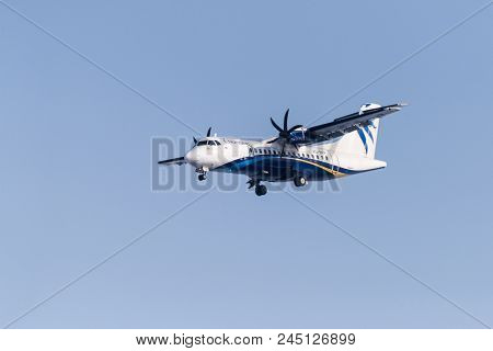 Novosibirsk, Russia - February 18, 2018: Atr 42-500 Vq-bkp Nordstar Airlines Before Landing At The I