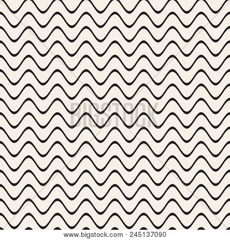 Vector Seamless Black And White Wavy Lines Pattern. Abstract Geometric Background