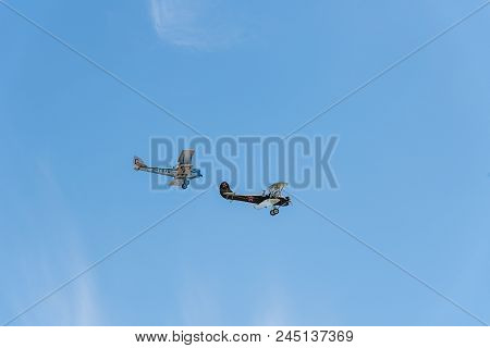 Madrid, Spain - June 3, 2018:  Formation Flying Of Polikarpov Po 2 And De Havilland Dh-60 During Air
