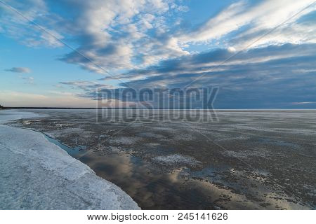 Spring Landscape. Melting Snow On The Ob Reservoir. Russia, Siberia, The Novosibirsk Region.