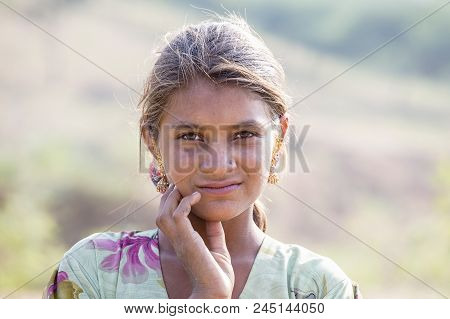 Pushkar, India - October 27, 2014: Portrait Of An Indian Girl Who Participates In The Pushkar Camel 