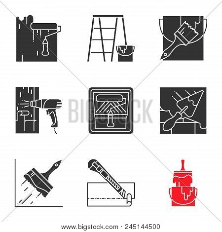 Construction Tools Glyph Icons Set. Silhouette Symbol. Paint Roller, Scaffolding Ladder, Bucket With
