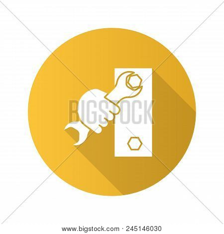 Hand Holding Wrench Flat Linear Long Shadow Icon. Double Open Ended Spanner Turning Bolt. Vector Out