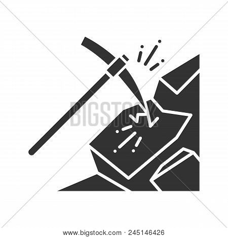 Pickaxe Breaking Mountain Glyph Icon. Mining. Navvy Pick. Silhouette Symbol. Negative Space. Vector 