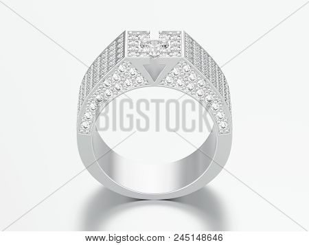 3d Illustration White Gold Or Silver Diamond Signet Ring On A Grey Background