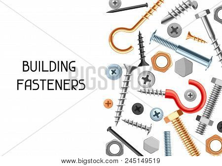 Background With Bolts Nuts Nails. Various Iron Screws Collection.