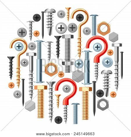 Background With Bolts Nuts Nails. Various Iron Screws Collection.