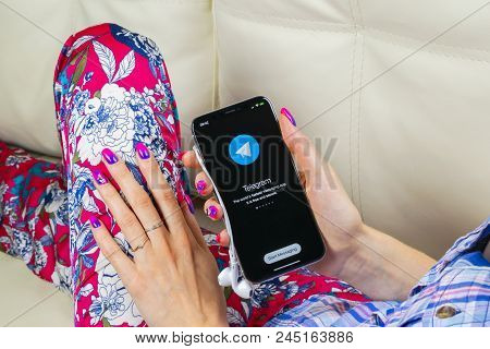 Sankt-petersburg, Russia, June 8, 2018: Telegram X Application Icon On Apple Iphone X Screen In Woma