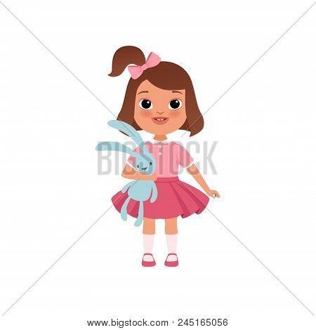 Cute Litlle Girl With Toy Bunny, Stage Of Growing Up Concept Vector Illustration Isolated On A White
