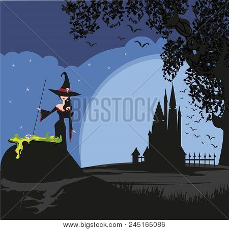 Halloween Witch Preparing Potion At Night Landscape , Vector Illustration