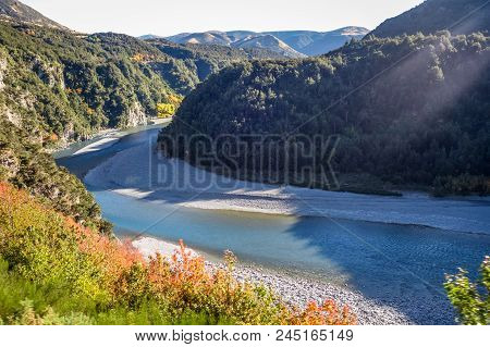 Mountain Canyon And River Landscape In New Zealand Alps