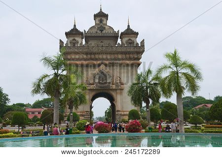 Vientiane, Laos - April 22, 2012: View To The Patuxay Victory Monument In Vientiane, Laos.