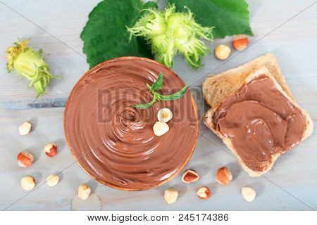Melted Chocolate Hazelnut On Bread Slice, Top View