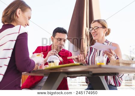 Old Friends. Three Old Friends Feeling Unforgettable While Meeting Each Other During Lunch Time Outs