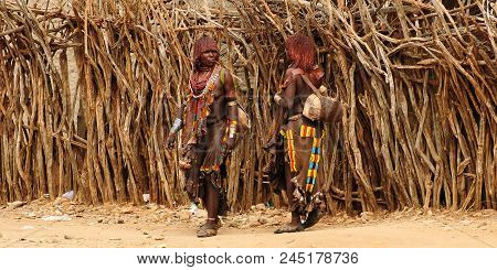 Turmi, Omo Valley, Ethiopia - 29 July 2013: Ethiopian People From Hamer People Being A Local Ethnic 