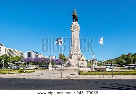 Lisbon, Portugal - May 19, 2017: The Marquess Of Pombal Square Roundabout In The City Of Lisbon, Por