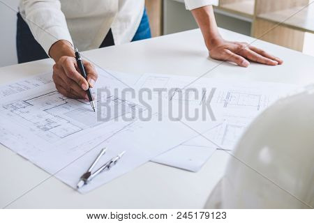 Workplace Items Tools For Project, Architect Or Engineer Working On Blueprint For Architectural Proj