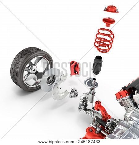 Suspension Of The Car With Wheel And Engine Undercarriage In Detail Isolated On White Background 3d