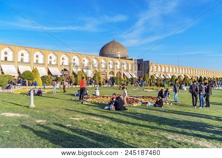 Isfahan, Iran - March 21 2018: Sheikh Lotfollah Mosque In Eastern Side Of Naghsh-e Jahan Square. Ira