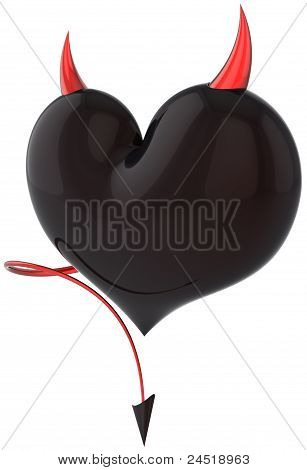 Coeur de noir brillant amour diable avec des cornes pointus rouges