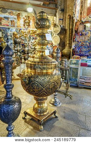 Isfahan, Iran - March 21, 2018: Samovars For Sale On Grand Bazaar Next To Naqsh-e Jahan Square