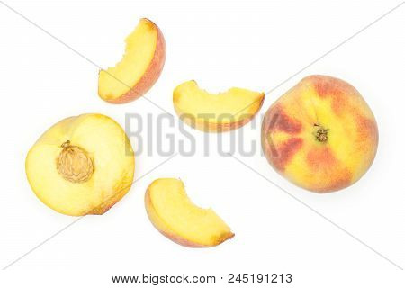 One Yellow Peach, A Section Half And Three Slices, Flatlay, Isolated On White Background