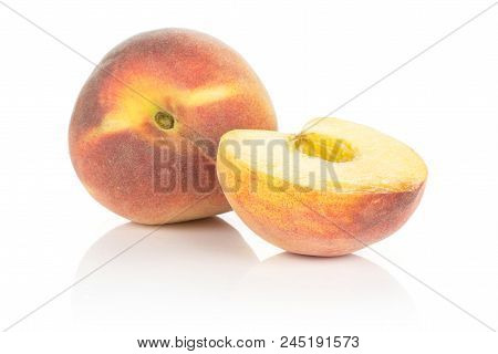 One Yellow Peach With A Half Without Drupe Isolated On White Background